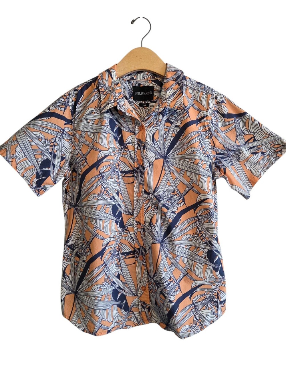 Wildfang The Essential SS Button Up Peach Navy Palm-Print Shirt Sz L Casual